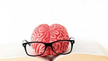 brain with glasses and book